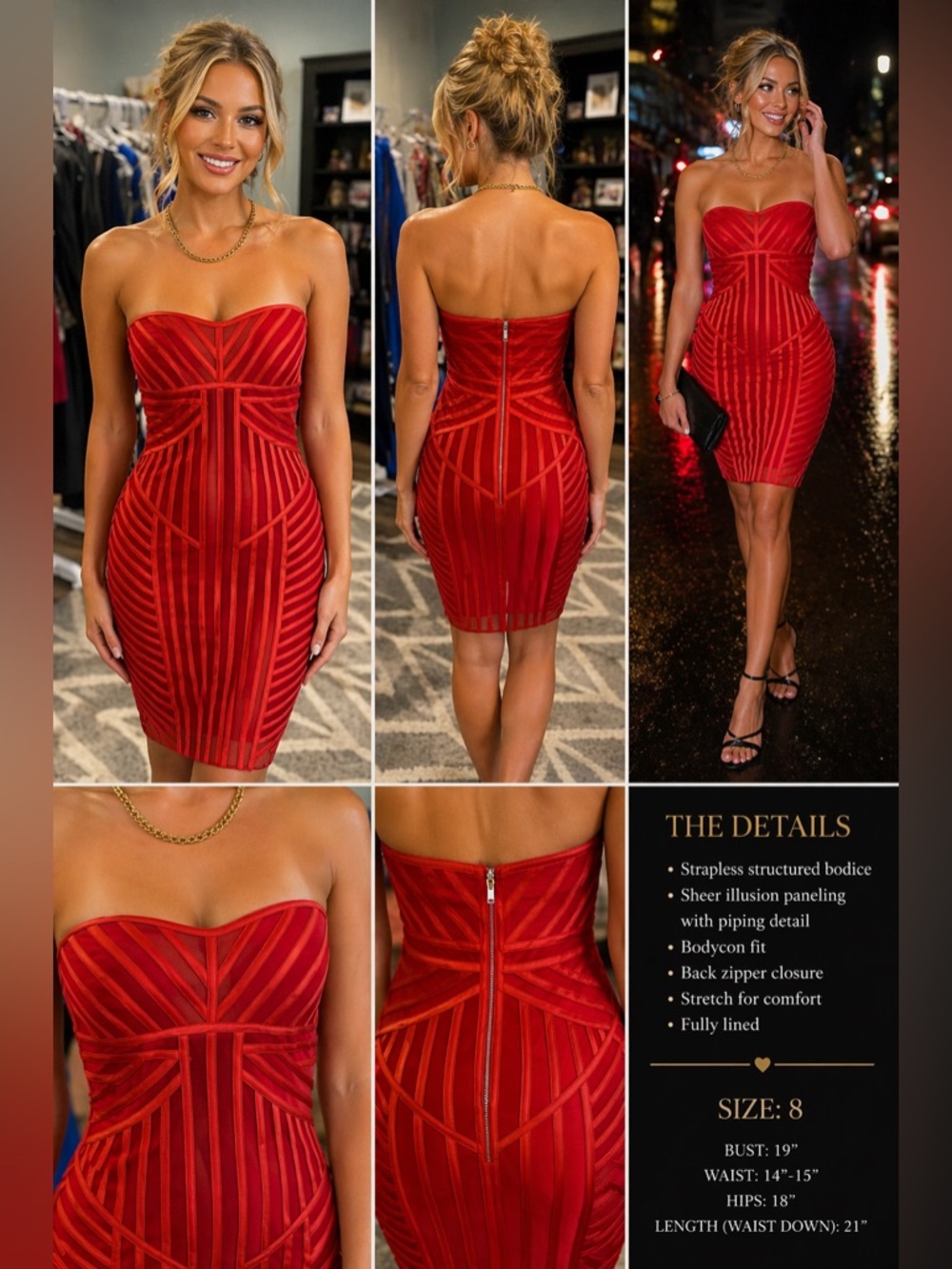 Red Strapless Bodycon Dress w/ Sheer Paneling & Piping | Size 8 | Night Out
